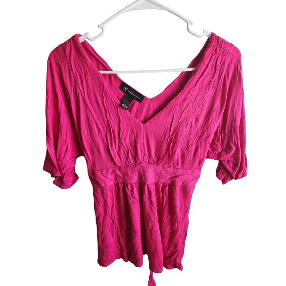 INC International Concepts Womens Sz M Bright Pink Short Sleeve Blouse Tie Back - Picture 1 of 3